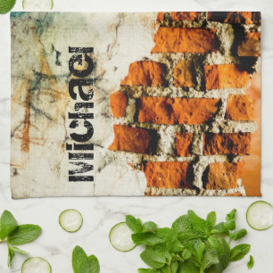 White orange Cool brick wall grafiti Custom name Tea Towel
