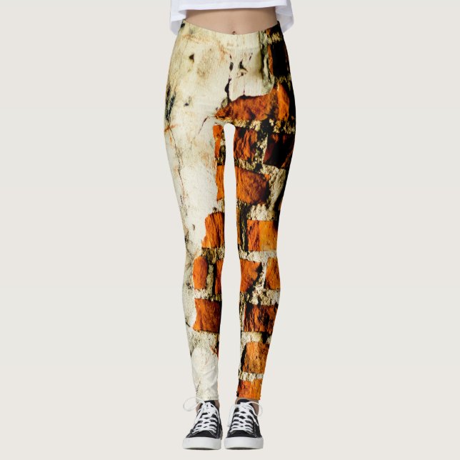 White orange Cool old brick wall graffiti Leggings (Front)