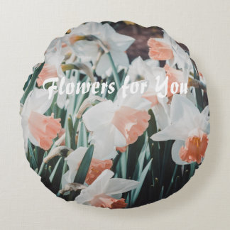 White Orange Daffodils in the Spring Garden Round Cushion