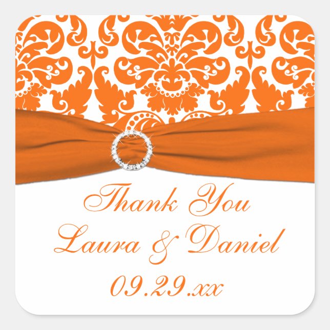 White, Orange Damask Wedding Favour Sticker (Front)