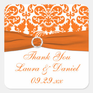 White, Orange Damask Wedding Favour Sticker