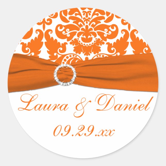 White, Orange Damask Wedding Favour Sticker (Front)