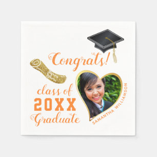 White Orange Gold Class of 2023 Photo Graduation Napkin