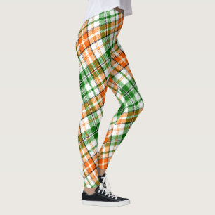 White Orange Green Plaid Tartan Design  Leggings