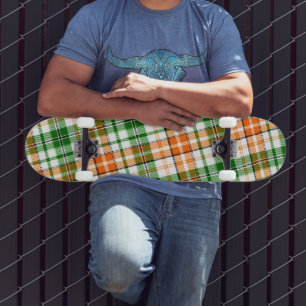 White Orange Green Plaid Tartan Design Skateboard