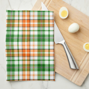 White Orange Green Plaid Tartan Design  Tea Towel