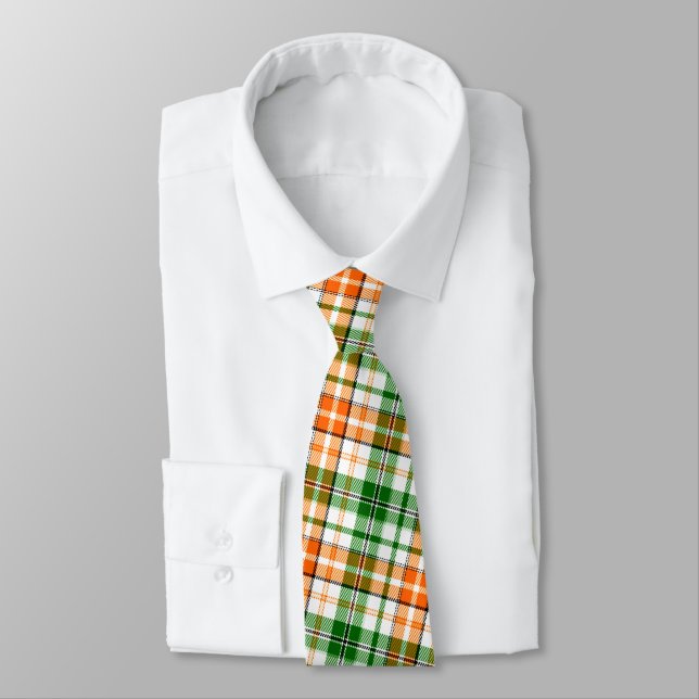 White Orange Green Plaid Tartan Design  Tie (Tied)