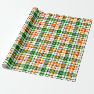 White Orange Green Plaid Tartan Design Wrapping Paper