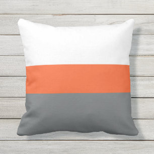 White Orange Grey Stripes Outdoor Throw Pillow