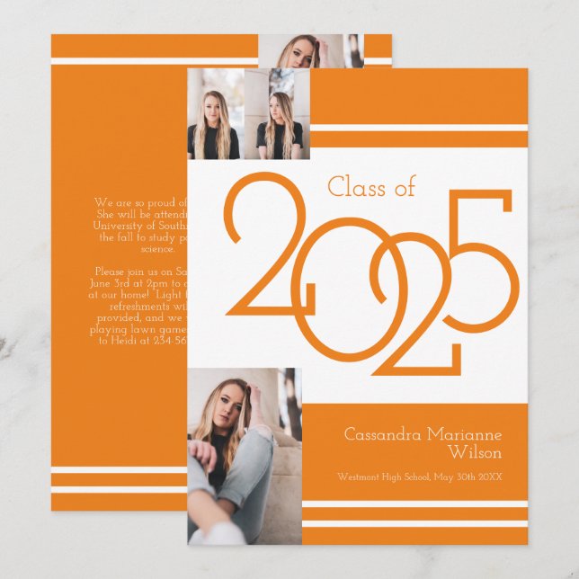 White Orange School Colours Graduation Announcemen Invitation (Front/Back)