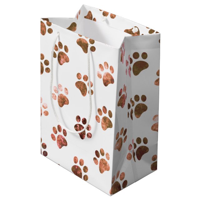 White Orange Textured Paw Print Pattern Medium Gift Bag (Back Angled)