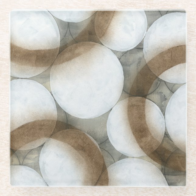 White Orbs & Brown Circles Glass Coaster (Front)