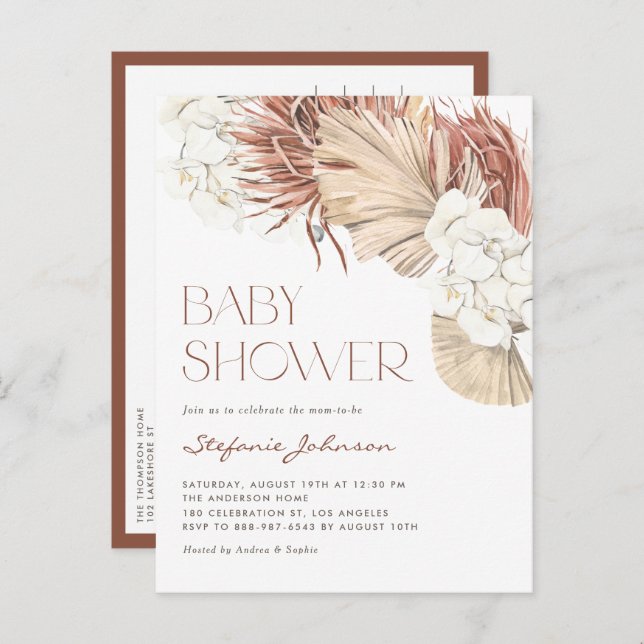 White Orchid and Dried Palm Boho Baby Shower Invitation Postcard (Front/Back)