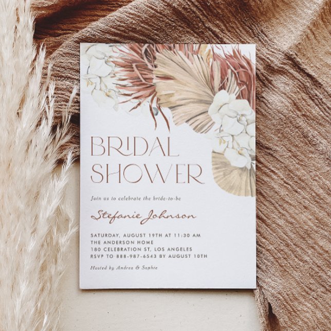 White Orchid and Dried Palm Boho Bridal Shower Invitation (This boho bridal shower invitation features watercolor orchids, pampas grass, and dried palm leaves.)