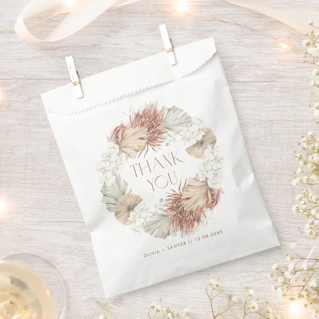 White Orchid and Dried Palm Wreath Boho Wedding Favour Bags (Clipped)