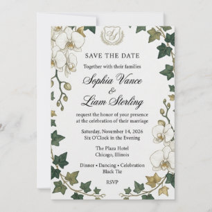 White Orchid and Green Ivy Watercolor Wedding Invitation