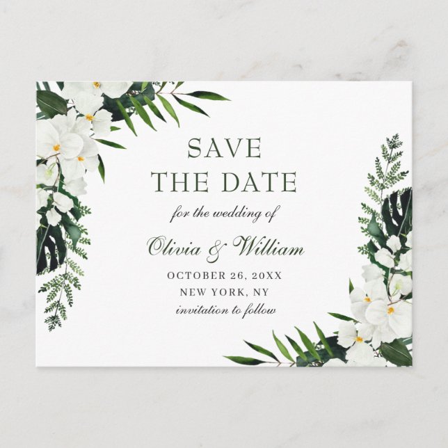 White Orchid Bohemian Floral Wedding Save The Date Postcard (Front)