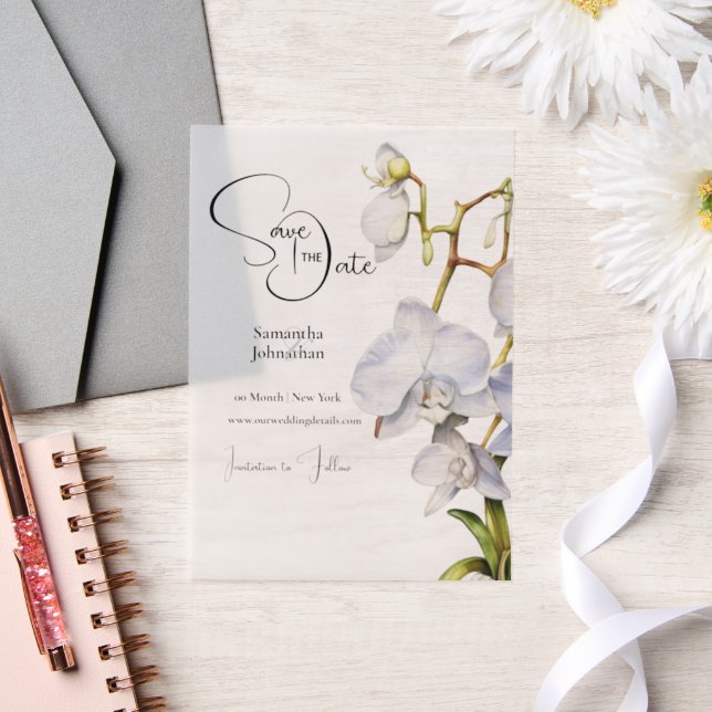 White orchid cascade luxury tropical flowers chic vellum invitations (Wedding)