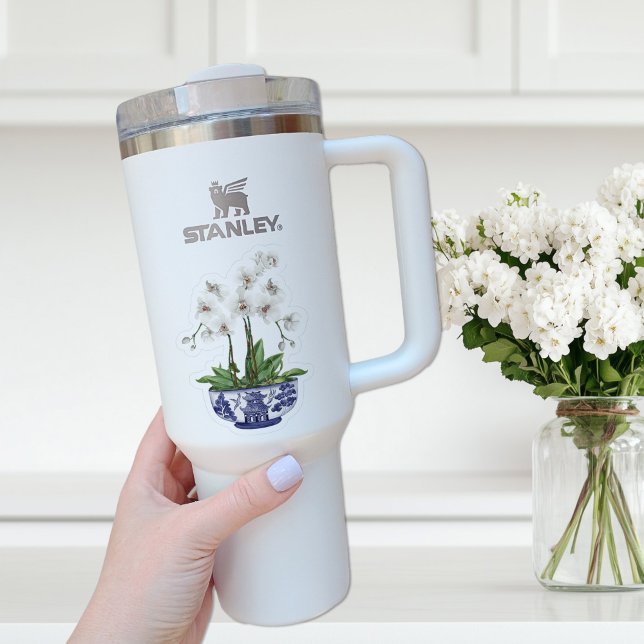 White Orchid Chinoiserie with Name Vinyl Sticker (white orchid in chinoiserie bowl sticker on Stanley)
