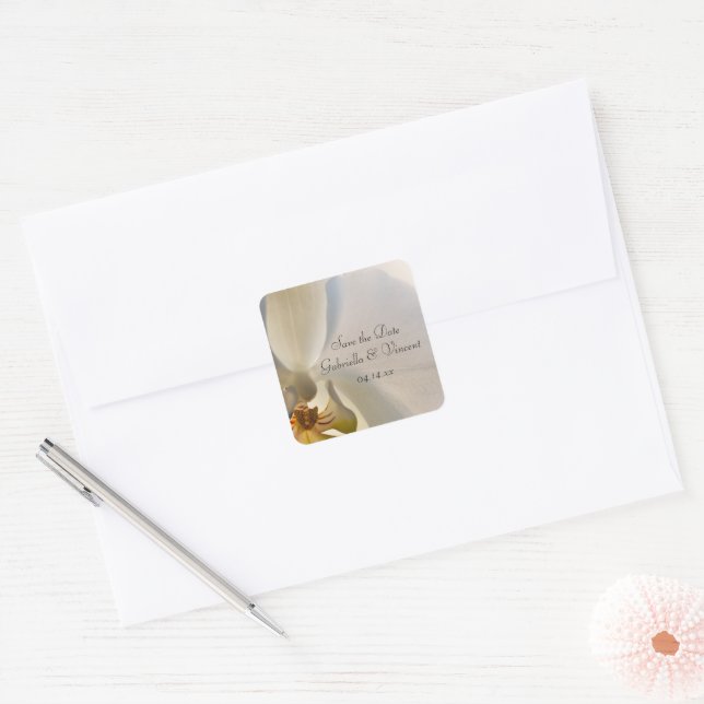 White Orchid Elegance Wedding Save the Date Square Sticker (Envelope)