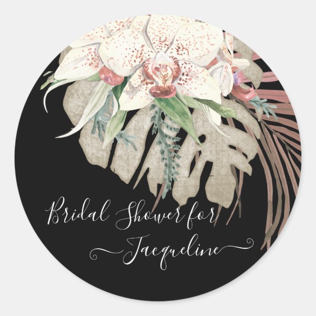 White Orchid Elegant Black Khaki Floral Greenery Classic Round Sticker (Front)