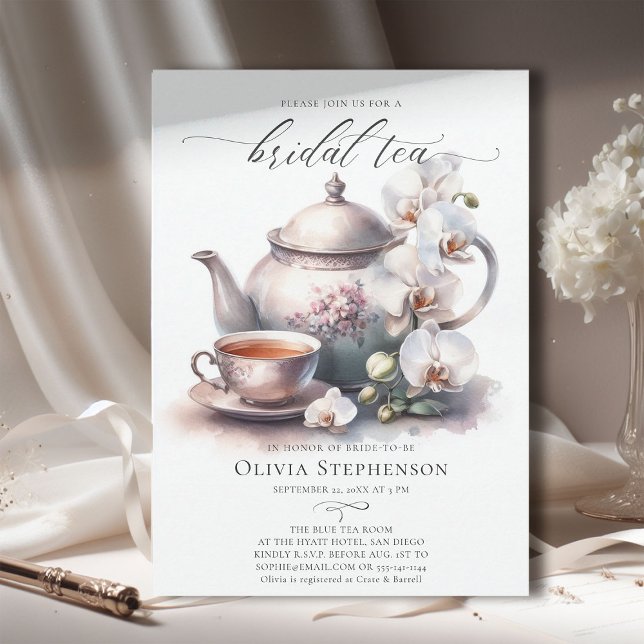  White Orchid Elegant Set Classy Bridal Tea Shower Invitation (bridal tea party white orchid elegant modern classic watercolor romantic sophisticated classy)