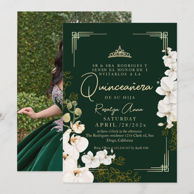 White Orchid Emerald Green Princess Quinceañera  Invitation (Front/Back)