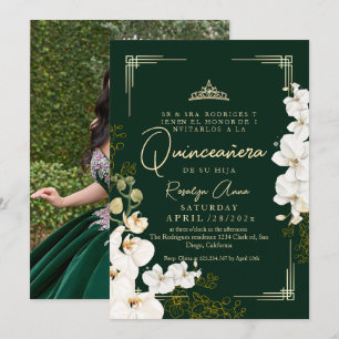White Orchid Emerald Green Princess Quinceañera  Invitation