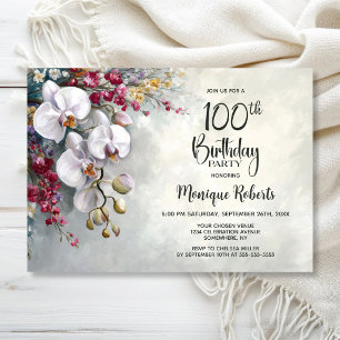 White Orchid Floral 100th Birthday Party Invitation