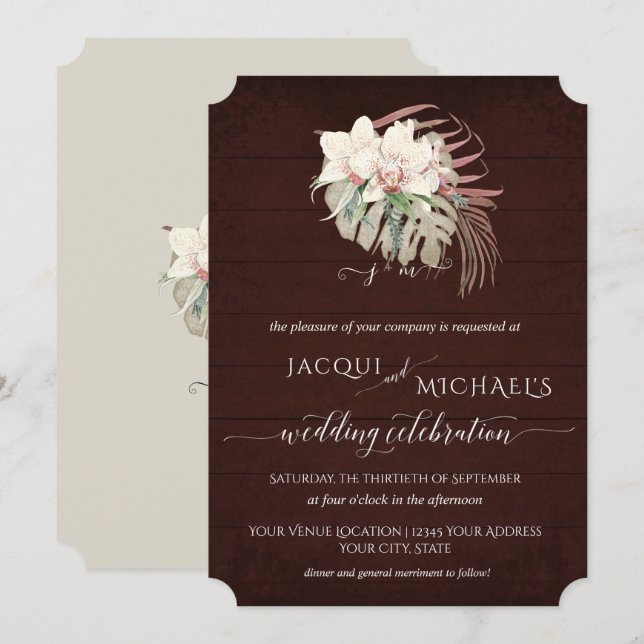 White Orchid Floral BOHO moody Burgundy Tropical Invitation (Front/Back)