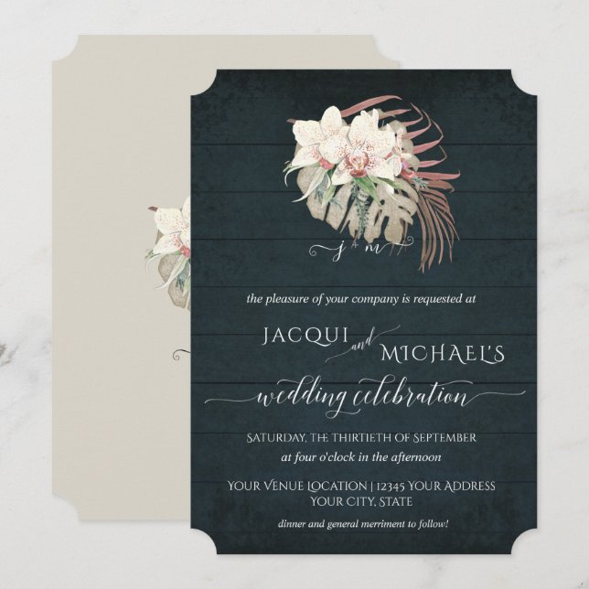 White Orchid Floral BOHO Moody Navy Blue Tropical Invitation (Front/Back)