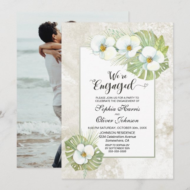 White Orchid Floral Engagement Party Invitation (Front/Back)