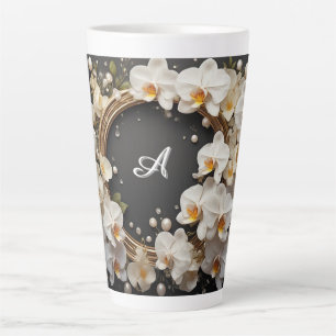 White Orchid Floral Wreath With Pearls and Gold Latte Mug