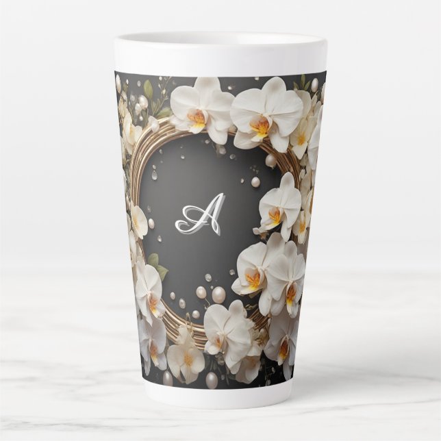 White Orchid Floral Wreath With Pearls and Gold Latte Mug (Front)