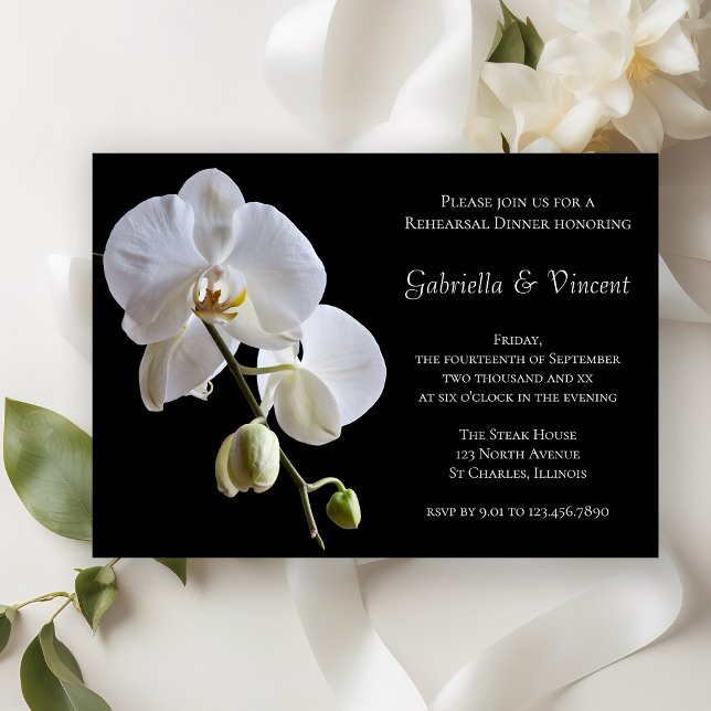 White Orchid Flower Black Wedding Rehearsal Dinner Invitation (Creator Uploaded)