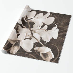 White Orchid Flower Sepia Black Background floral Wrapping Paper