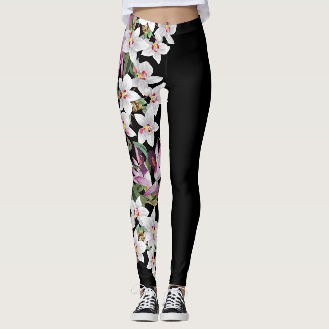 White Orchid Flowers All Over Print Leggings (Front)