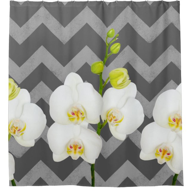 White Orchid Flowers & Medium Grey Chevrons Shower Curtain (Front)