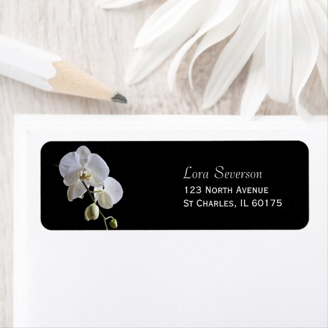 White Orchid Flowers on Black Return Address (Insitu)