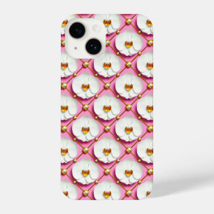 White Orchid Flowers on Pink Background With Gold iPhone 14 Case