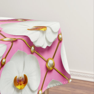 White Orchid Flowers on Pink Background With Gold Tablecloth