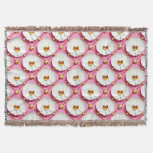 White Orchid Flowers on Pink Background With Gold Throw Blanket