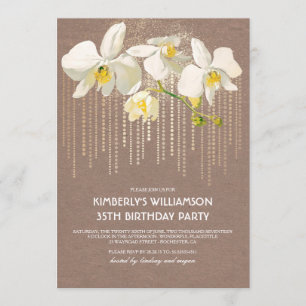 White Orchid Gold Glitter Vintage Birthday Party Invitation