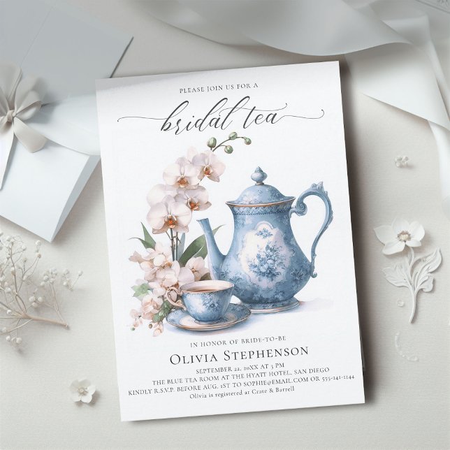  White Orchid Hampton Blue Toile Bridal Tea Shower Invitation (bridal tea party white orchid elegant modern classic watercolor romantic sophisticated classy blue)