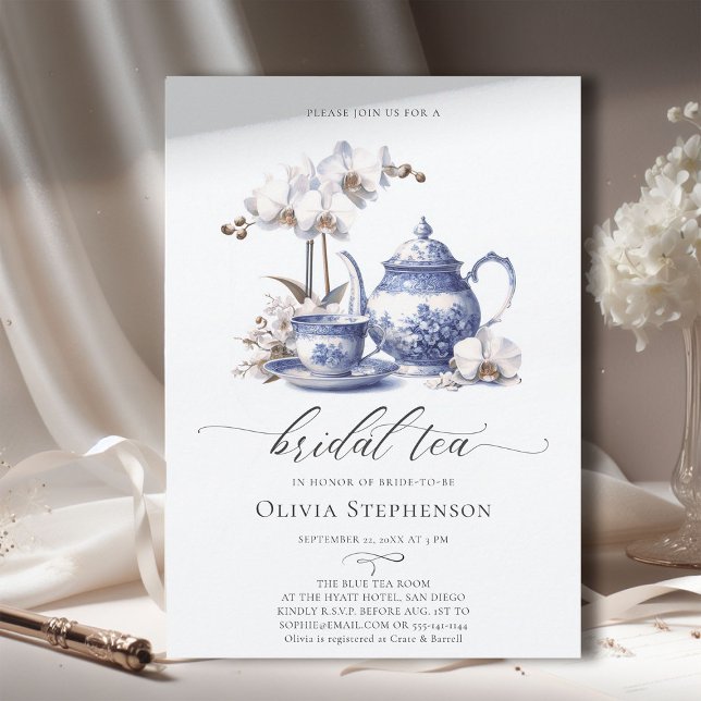  White Orchid Hampton Toile Chic Bridal Tea Shower Invitation (bridal tea party white orchid toile hampton style something blue elegant modern classic watercolor)