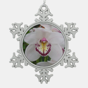 White Orchid II Elegant Floral Snowflake Pewter Christmas Ornament