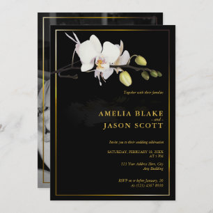 White Orchid on Black   Gold Frame   Photo Wedding Invitation