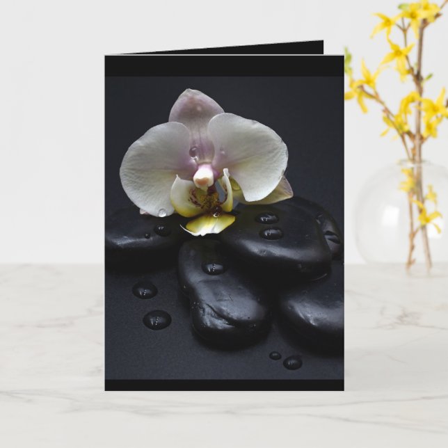 White Orchid On Black Stones Card (Yellow Flower)