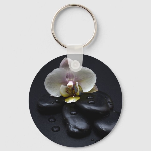 White Orchid On Black Stones Key Ring (Front)