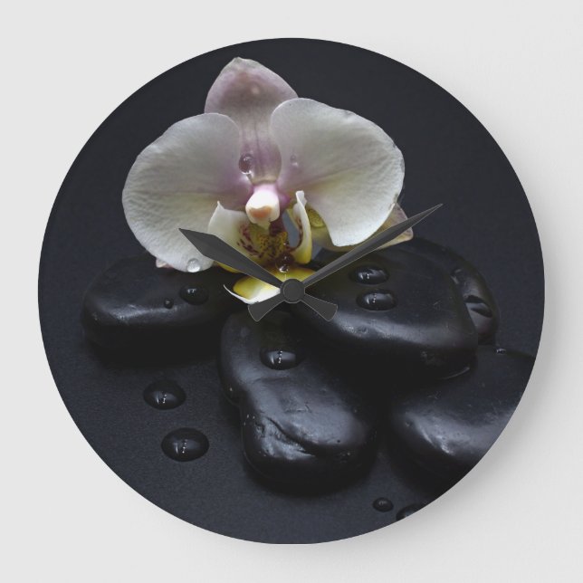 White Orchid On Black Stones Large Clock (Front)